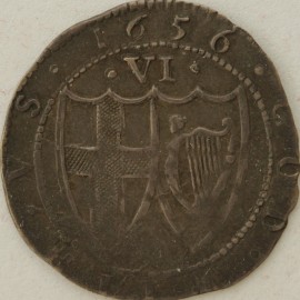 COMMONWEALTH 1656  COMMONWEALTH SIXPENCE CO-JOINED SHIELDS MM SUN SCARCE  GVF
