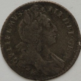 SIXPENCES 1696 B WILLIAM III BRISTOL 1ST BUST EARLY HARP F INSTEAD OF E IN GVLIFLMVS RARE UNRECORDED VARIETY ESC1535B GF