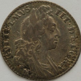SIXPENCES 1697 N WILLIAM III NORWICH 1ST BUST LATE HARP SMALL CROWNS ESC 1561 ADJUSTMENT MARKS ON REVERSE  GVF