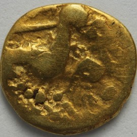 HAMMERED GOLD 150BC -50BC Celtic AMBIANI QUARTER STATER OBVERSE FADED HEAD OF APOLLO REVERSE HORSE RIGHT WITH PELLETS BELOW  F