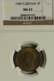 THREEPENCES BRASS 1949  GEORGE VI VERY RARE NGC SLABBED UNC TONED MS63