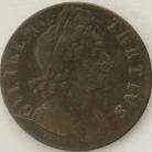 HALFPENCE 1699  WILLIAM III DATE IN EXERGUE. NO STOP AFTER GVLIELMVS. SCARCE GF