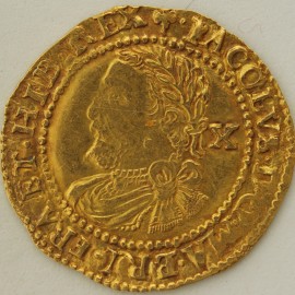 HAMMERED GOLD 1624  JAMES I HALF LAUREL 3RD COINAGE 4TH BUST VALUE BEHIND SMALL TIES MM TREFOIL  GVF