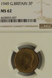 THREEPENCES BRASS 1949  GEORGE VI VERY RARE NGC SLABBED UNC TONED MS62