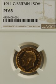 SOVEREIGNS 1911  GEORGE V PROOF VERY SCARCE NGC SLABBED  PF63