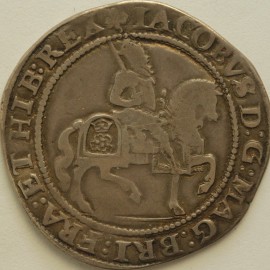 JAMES I 1624  JAMES I Halfcrown 3rd coinage king on hoseback plain grass line bird headed harp mm trefoil  NVF
