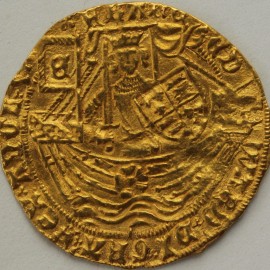 HAMMERED GOLD 1464 -1470 Edward IV  HALF RYAL LIGHT COINAGE LARGE FLEURS IN SPANDRELS LONDON MM CROWN  GVF
