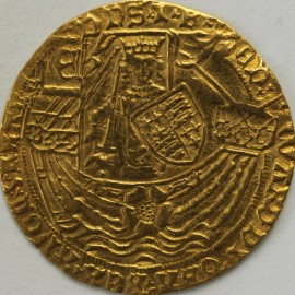 HAMMERED GOLD 1464 -1470 EDWARD IV RYAL (ROSE NOBLE) LIGHT COINAGE SMALL TREFOILS IN SPANDRELS LONDON MINT MM LONG CROSS FITCHEE  GVF