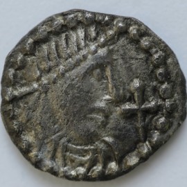 EARLY ANGLO SAXON PERIOD 710 -760 SECONDARY PHASE SILVER SCEATTA SERIES J YORK OBV. DIADEMED HEAD REV. TWO BIRDS BY CROSS  GVF