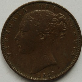 FARTHINGS 1850  VICTORIA 5 OVER 4 RARE GF