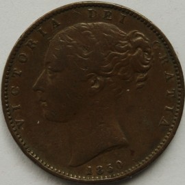 FARTHINGS 1850  VICTORIA 5 OVER 4 RARE GF