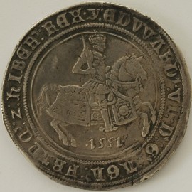 EDWARD VI 1551  EDWARD VI CROWN FINE SILVER ISSUE KING ON HORSEBACK WITH DATE BELOW HORSE ON REVERSE SHIELD ON CROSS MM Y VF/NVF