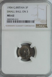 THREEPENCES SILVER 1904  EDWARD VII NGC SLABBED SMALL BALL ON 3  MS62