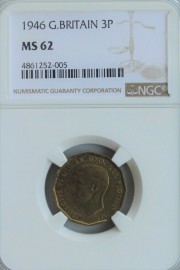 THREEPENCES BRASS 1946  GEORGE VI NGC SLABBED RARE MS62