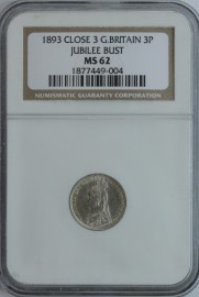 THREEPENCES SILVER 1893  VICTORIA JUBILEE HEAD EXTREMELY RARE IN THIS GRADE NGC SLABBED  MS62