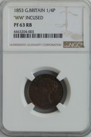 FARTHINGS 1853  VICTORIA PLAIN EDGE PROOF WW INCUSE VERY RARE NGC SLABBED  PF63