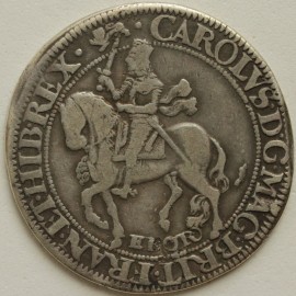 CHARLES I 1643 -1644 CHARLES I HALFCROWN CIVIL WAR COINAGE YORK MINT TYPE 7 TALL HORSE TAIL BETWEEN LEGS EBOR BELOW REVERSE OVAL SHIELD WITH LIONS SKIN GARNITURE MM LION  GVF