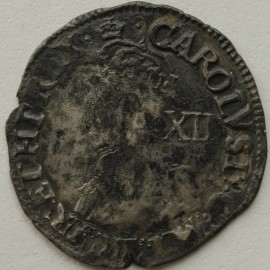 CHARLES I 1635 -1636 CHARLES I SHILLING TOWER MINT MM CROWN - DARK TONE GF