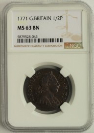 HALFPENCE 1771  GEORGE III NGC SLABBED - SUPERB MS63