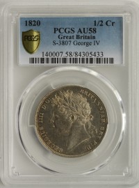 HALF CROWNS 1820  GEORGE IV LAUREATE HEAD PCGS SLABBED  AU58