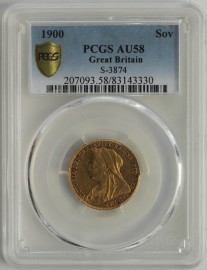 SOVEREIGNS 1900  VICTORIA OLD HEAD LONDON PCGS SLABBED AU58