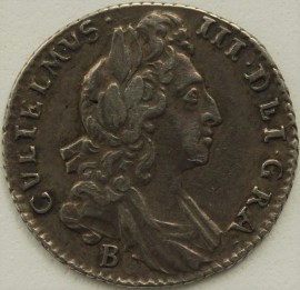 SIXPENCES 1697 B WILLIAM III BRISTOL 1ST BUST EARLY HARP SMALL CROWNS ESC 1555 GVF