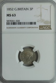 THREEPENCES SILVER 1852  VICTORIA EXTREMELY RARE NGC SLABBED  MS63
