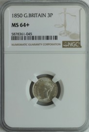 THREEPENCES SILVER 1850  VICTORIA EXTREMELY RARE NGC SLABBED  MS64+