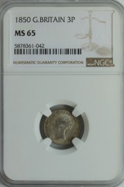 THREEPENCES SILVER 1850  VICTORIA VERY SCARCE NGC SLABBED  MS65