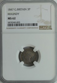 THREEPENCES SILVER 1847  VICTORIA EXTREMELY RARE NGC SLABBED  MS62