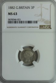 THREEPENCES SILVER 1882  VICTORIA VERY SCARCE NGC SLABBED  MS63