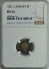 THREEPENCES SILVER 1881  VICTORIA NGC SLABBED TONED MS64