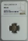 THREEPENCES SILVER 1863  VICTORIA RARE NGC SLABBED MS64