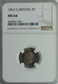 THREEPENCES SILVER 1863  VICTORIA RARE NGC SLABBED MS64