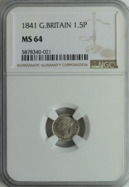 SILVER THREEHALFPENCE 1841  VICTORIA VERY SCARCE NGC SLABBED  MS64