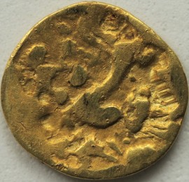 HAMMERED GOLD 150 -50BC CELTIC AMBIANI QUARTER STATER SERIES A LARGE FLAN HEAD OF APOLLO RT REVERSE HORSE RT  GF