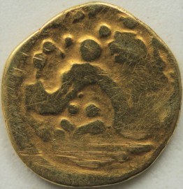 HAMMERED GOLD 150 -50BC CELTIC AMBIANI QUARTER STATER SERIES A LARGE FLAN HEAD OF APOLLO RT REVERSE HORSE RT  F