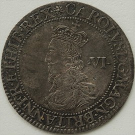 CHARLES I 1631 -1632 CHARLES I SIXPENCE BRIOTS FIRST MILLED ISSUE EARLY BUST WITH FALLING LACE COLLAR REVERSE SQUARE TOPPED SHIELD OVER LONG CROSS FOURCHEE MM FLOWER AND B RARELY SEEN WITHOUT UNSIGHTLY ADJUSTMENT MARKS GEF