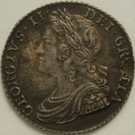 SHILLINGS 1735  GEORGE II ROSES AND PLUMES - DIE FLAW ON FLAN REVERSE  NEF