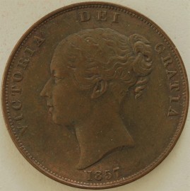 PENNIES 1857  VICTORIA ORN TRIDENT  WIDE DATE NEF