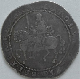 CHARLES I 1643 -1645 CHARLES I CROWN EXETER MINT KING ON HORSEBACK SASH IN LARGE BOW MM ROSE  GF