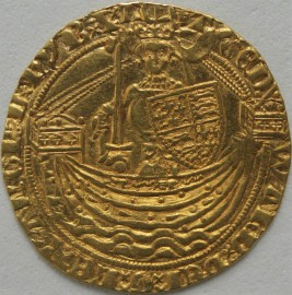 HAMMERED GOLD 1361 -1369 EDWARD III HALF NOBLE TREATY PERIOD TOWER MINT SALTIRE BEFORE EDWARD MM CROSS POTENT  NEF