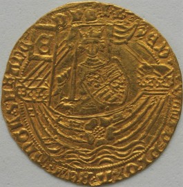 HAMMERED GOLD 1464 -1470 Edward IV  RYAL ROSE NOBLE LIGHT COINAGE LONDON MINT SMALL TREFOILS IN SPANDRELS MM CROWN  VF