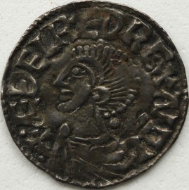 ANGLO SAXON-LATE PERIOD 978 -1016 AETHELRED II PENNY. Long Cross Type. Bare Headed Bust. Heawulf on London.  GVF