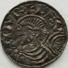 ANGLO SAXON-LATE PERIOD 1035 -1042 HARTHACNUT  Penny radiate helmet type reverse voided long cross London aelfward alfpred on lv rare superb portrait  GEF