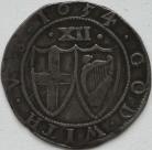 COMMONWEALTH 1654  COMMONWEALTH SHILLING CO-JOINED SHIELDS 'N'S' OVER INVERTED 'N'S' ON OBVERSE MM SUN VERY RARE VF