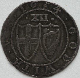 COMMONWEALTH 1654  COMMONWEALTH SHILLING CO-JOINED SHIELDS 'N'S' OVER INVERTED 'N'S' ON OBVERSE MM SUN VERY RARE  VF