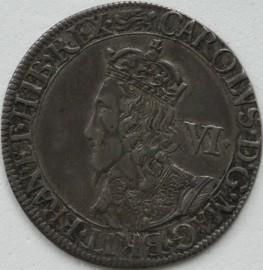CHARLES I 1643 -1644 CHARLES I SIXPENCE YORK MINT BUST IN SCALLOPED LACE COLLAR REV. CROWNED OVAL SHIELD MM LION  GVF