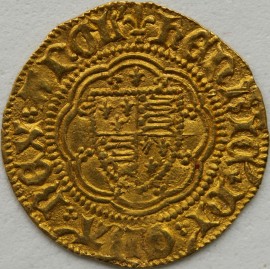 HAMMERED GOLD 1422 -1430 HENRY VI QUARTER NOBLE 1ST REIGN ANNULET ISSUE LONDON MINT LIS OVER SHIELD MM LARGE LIS  NEF