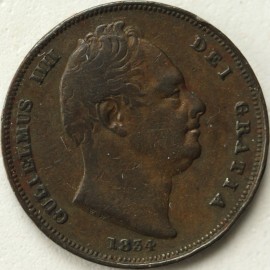 FARTHINGS 1834  WILLIAM IV RAISED LINE ON SALTIRE NVF